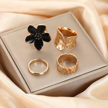 Set de 4 anillos con flores exageradas de goteo de aceite y rhinestones, anillos abiertos de lava líquida de lujo con flores, diseño versátil - negro - Ver 3