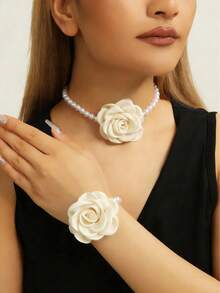 2pcs/Set Elegant Faux Rose Flower & Pearl Necklace Bracelet Jewelry Set, Suitable For Women's Daily Wear And Dates, Gift For Valentine's Day, Mother's Day, Birthday - Multicolor - View 2