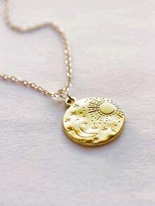 1件铜质圆形月亮、太阳、星星吊坠项链，简约设计，女士款 - 金色 - 查看 5