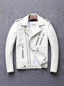 PU Leather Motorcycle Biker Jacket - Unisex Lapel Collar Spring Fall Streetwear Coat - trắng - Xem 1
