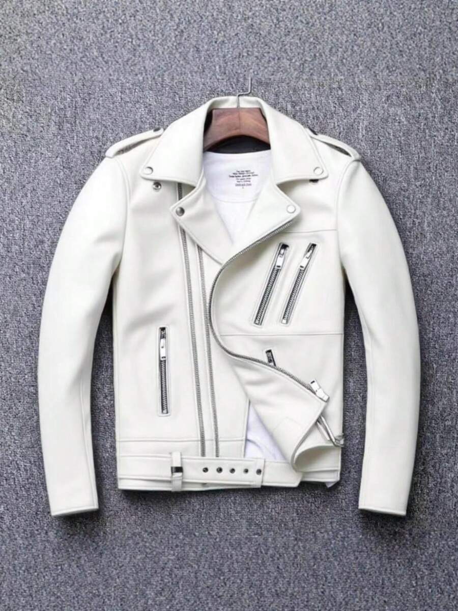 PU Leather Motorcycle Biker Jacket - Unisex Lapel Collar Spring Fall Streetwear Coat - trắng - Xem 1