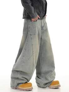 1pc Justice Brother Casual Patchwork Loose Fit Barrel Leg Jeans, Distressed Wash, Street Style Pants For Men (Excluding Belt/Accessories) - Teal Blue - View 6