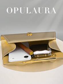 OpulAura 简约褶皱金色皮革信封手拿包，闪亮金色皮革派对包，优雅金属杆装饰，适合晚宴、婚礼、派对、庆典等场合，是送给她的绝佳礼物，也是情人节的理想之选。 - 金色 - 查看 3