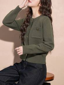 Alicedudu Áo khoác cardigan dài tay tối giản, màu trơn, kiểu dáng thường ngày, có túi, dành cho nữ, thích hợp cho mùa xuân. - Màu xanh Ô liu - Xem 4