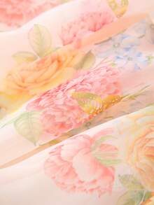 1pc Young Girl Cute Luxurious Sweet Princess Floral Butterfly Print Tulle Ruffle Bow Decor Puff Sleeve Tutu Dress, Party, Birthday, Performance, Holiday, Suitable For All Seasons - Champagne - View 8
