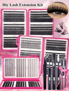 600pcs Clusters D Curl 10D+20D+30D+40D+50+60D+80D+100D+120D+150D Individual Eyelashes Extensions With Bond And Seal And Tweezers Tools For Beginner And Professional, Soft And Natural Look Wispy Lash Extensions Set, DIY At Home Segmented Lashes Book - Rose Red - View 3