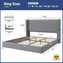 Allewie Full/Queen/King Size Sturdy Lift Up Storage Bed Frame – Built-In Hydraulic Lift Support System, Elegant Upholstered Platform Bed With Spacious Underbed Storage, Vertical Channel Tufted Wingback Headboard, No Box Spring Needed, Easy Assembly, Grey - Xám - Xem 10