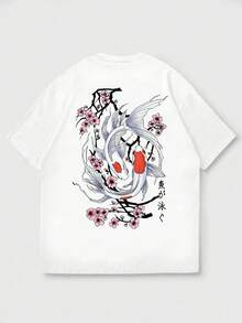 Fractyr Fractyr 男士夏季休闲T恤，锦鲤樱花印花，百搭街头风，展现您的独特时尚品味，送给男友或丈夫的完美礼物 - 白色 - 查看 9