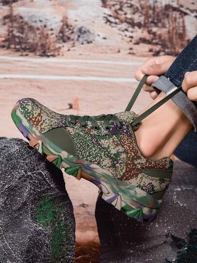 Zapatos de senderismo para hombres de talla grande, zapatos de trekking para exteriores, de tela de camuflaje y microfibra de cuero, con cordones, suela antideslizante de goma + suela de MD, adecuados para senderismo al aire libre, caza, todas las estaciones