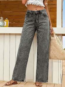 Fashion Women Loose Fit Straight Leg Denim Pants Casual Retro Versatile Daily Commute Trousers - Grey - View 3