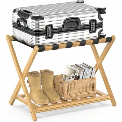 バゲージラック 折りたたみ式 竹製 6本ベルト キャリーケース スーツケース 置き場 バケージスタンド スーツケース台 荷物置き ホテル 玄関 2段収納 スーツケース・靴・小物置き ナチュラル 1個入り