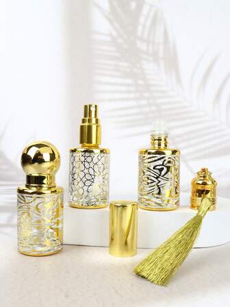 Set de 6 piezas (Botella de 12ml - Cuentagotas/Embudo/Bomba dispensadora) - Juego de atomizador de perfume recargable de lujo y vaporizador facial, difusor de aceites esenciales de estilo árabe y botellas de spray de viaje para cuidado de la piel y aromaterapia, vial portátil para gimnasio, coche y bolso, regalo elegante para mujer, su cumpleaños, San Valentín, Día de la Madre