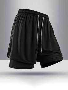 Men's Casual Sports Training Gym Shorts, With Floral Drawstring For Adjustable Fit, Made Of 100% Polyester, Suitable For Indoor And Outdoor Wear, Great Gift For Your Loved One - Black - View 5