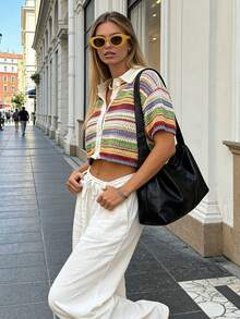 Spring/Summer Women's Casual Elegant Fashion Knit Cardigan With Color-Block Rainbow Stripes, Lapel Collar, And Button Design - Green - View 5