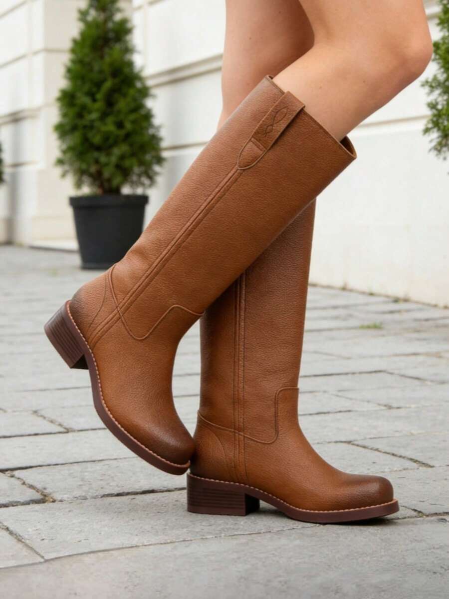 Women Campus Knee High Boots Square Toe Riding Boots Vintage Pull On Riding Boots Wide Calf Boots Chunky Block Low Heel Moto Boots - 棕色 - 查看 1