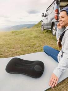 1个方形毛绒充气枕，便携式自充气颈部支撑垫，适合户外旅行和露营，充气露营枕，旅行、海滩和居家使用的紧凑型气垫床 | 质地光滑，一键充气，舒适，办公室或户外必备