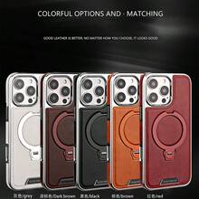 1pc Leather-Texture Electroplated Protective Case With Kickstand, Compatible With Apple 17/16/15/14/13/12/11 Pro Max Plus/S23/S23/S25 Ultra, Supports Magnetic Wireless Charging, Rotatable Ring Holder, Classic Luxury Elegant Ultra-Thin Anti-Drop Full Coverage - Light Grey - View 4