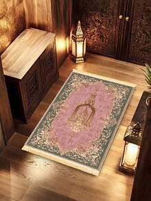1pc Beautiful Vintage-Style Tasseled Prayer Mat, Candle & Floral Pattern Design, Soft & Comfortable Washable Carpet, Suitable For Traditional Festivals, Daily Home, Cultural Activities, Decorative Rug For Bedroom, Living Room, Outdoor - Multicolor - View 2