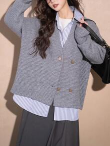 Alicedudu Women's Spring Casual Double-Breasted Knit Cardigan Sweater Jacket - Light Grey - View 4