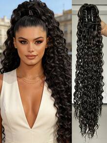 24英寸深棕色深波浪卷发马尾夹式接发 - 耐热合成纤维,自然波浪发型配饰,适合女性日常佩戴、万圣节及各种派对,日常发饰,蓬松卷发,耐热纤维,发饰 - 彩色 - 查看 12