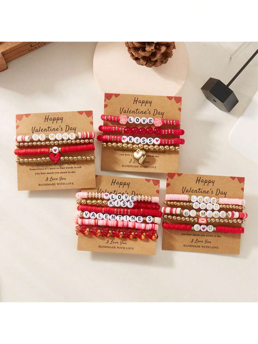 4/5/6pcs Valentine's Day LOVE Bracelet, Multi-Layer Rose, Couple Pink Heart Envelope, Soft Clay Beaded Elastic Bracelet, Valentine's Day Gift - Red - View 1