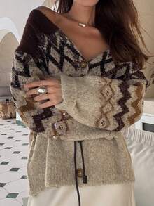 French Retro V-Neck Knit Cardigan, Women Autumn/Winter Cinched Waist Slim Sequin & Beaded Jacket - Multicolor - View 6