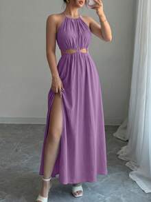 Women Summer Sleeveless Halter Dress Hollow Out Cutout Slit Flowy Long Dress Bohemian Party Cocktail Beach Holiday Vacation Boho Valentine Maxi Dress Sundress Outfits - 紫色 - 查看 6