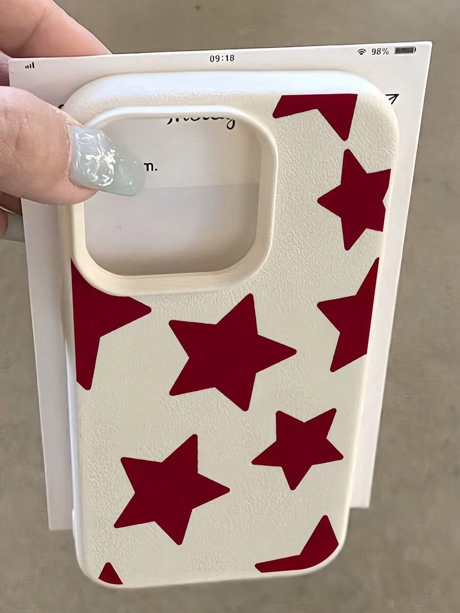 极简白色星形元素TPU防震手机壳，单件装，白色复古红色星形图案，极简星形元素全包覆式TPU防震时尚手机壳，兼容苹果17/16/15/14/13/12/11 Pro Max/Air及系列，春季礼物，生日周年纪念日礼物 - 彩色 - 查看 1