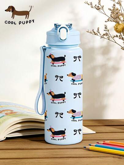 800ml/27oz Cartoon Solid Color Sports Water Bottle, Cute Dachshund Pattern, Leak-Proof, Portable, Anti-Drop, With Pop-Up Lid, Suitable For Workout, Jogging, Gift For Her, Birthday Gift, Unisex Outdoor Sports Portable