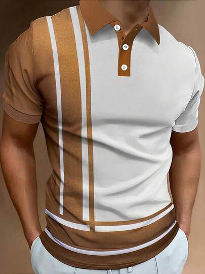 1 pezzo Polo a righe verticali bicolore da uomo, stile retrò, colletto, vestibilità slim, versatile per casual business