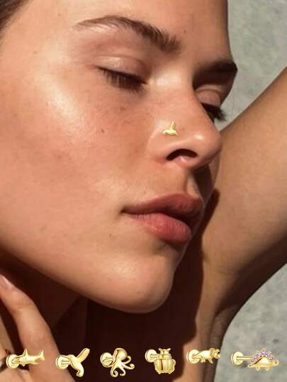 1件S925纯银鼻钉，14k金鲸鱼、鲨鱼、章鱼、恐龙动物系列鼻钉，可爱迷你海洋穿刺骨钉，女士款