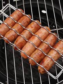 1个烧烤热狗架，不锈钢烧烤篮带木柄 - 可锁定烧烤架，不锈钢香肠架，适用于热狗、香肠和蔬菜，兼容燃气和木炭烧烤炉，非常适合后院和露营使用。