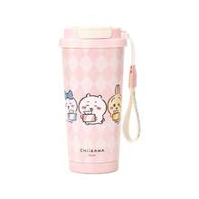 Miniso Chiikawa 520ml/17.58oz 双层保温咖啡杯 - 可爱格子印花不锈钢便携真空杯，带双饮用盖和提手，适合通勤/旅行 (1个) - 淺粉色 - 查看 7