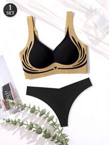 1 Set Women's Black Bra Set, Soft, Supportive, Breathable, Lightweight, Adjustable Straps, Removable Pads, Matching Panty - Multicolor - View 2