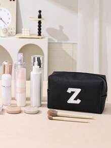 1pc Women's Octagonal Makeup Bag, Travel Organizer Bag, Bridal Makeup Bag, PU Letter Makeup Bag, Portable Chenille Letter Zipper Makeup Bag, Letter Patch PU Leather Waterproof Travel Toiletry Bag, Letter Combination Cosmetic Bag (Letter A~Z), Suitable For Autumn Home Decor - Black and White Lettering - View 7