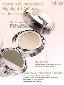 ukiss Bảng phấn tạo khối và bắt sáng 3 trong 1 hai lớp xoay tròn, lớp trên là kem nền dạng cushion, lớp dưới chứa phấn bắt sáng, che khuyết điểm và tạo khối, kiểm soát dầu và lâu trôi, tạo lớp trang điểm lì rạng rỡ, làm đều màu da, cần thiết cho trang điểm hàng ngày, kem nền dạng cushion 11g + phấn tạo khối 2.4g + phấn bắt sáng 1.2g - #F20 Tự nhiên - Xem 3