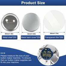 200 Sets Button Maker Supplies, 32mm (1.25 Inch) Round Badge Parts Kit, Metal Shells & Pin Back Covers With Clear PVC Films, Blank Button Components For Badge Press Machine, Personalised DIY Craft Souvenirs - Silver - View 8