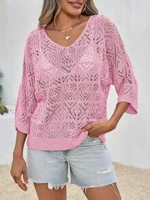 Women Crochet Hollow Out Cover Up Top Off Shoulder 3/4 Sleeve Mesh Lightweight Summer Beachwear - Màu Hồng baby - Xem 2