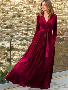 女士纯色圣诞优雅复古派对系带蝴蝶结丝绒连衣裙，秋冬季，适合节日、婚礼、正式晚宴、约会、生日派对、花园派对、拍照、情人节、新年等场合。 - 酒紅色 - 查看 6