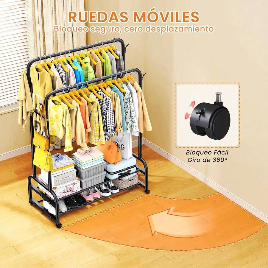 Perchero para Ropa - Closet Armables Doble Nivel de Acero Inoxidable, con Ruedasíbles, Rack para Colgar Ropa y Organizador de Zapatos, 110x145cm Armario Ropero (Negro) - 1 - Ver 1