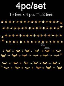 4 Sets Of 4m Star & Moon Flag Decor, Ramadan Decoration, Gold Moon & Star Garland, Shiny Little Stars, Moon Theme Birthday Party Decor, Graduation Ceremony Decor, Starry New Year Banner, Hanging Stars, Baby Shower, Eid Celebration