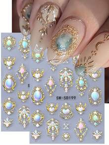 5D金属质感奢华巴洛克浮雕美甲贴纸，金色蕾丝渐变彩色宝石镜面心形翅膀复古波西米亚Y2K全息美甲贴花，DIY美甲配件 - 彩色 - 查看 2