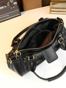 Classic New Motorcycle Style Rivet Lock Head Handbag, Large Capacity Pillow Bag - Black - View 9