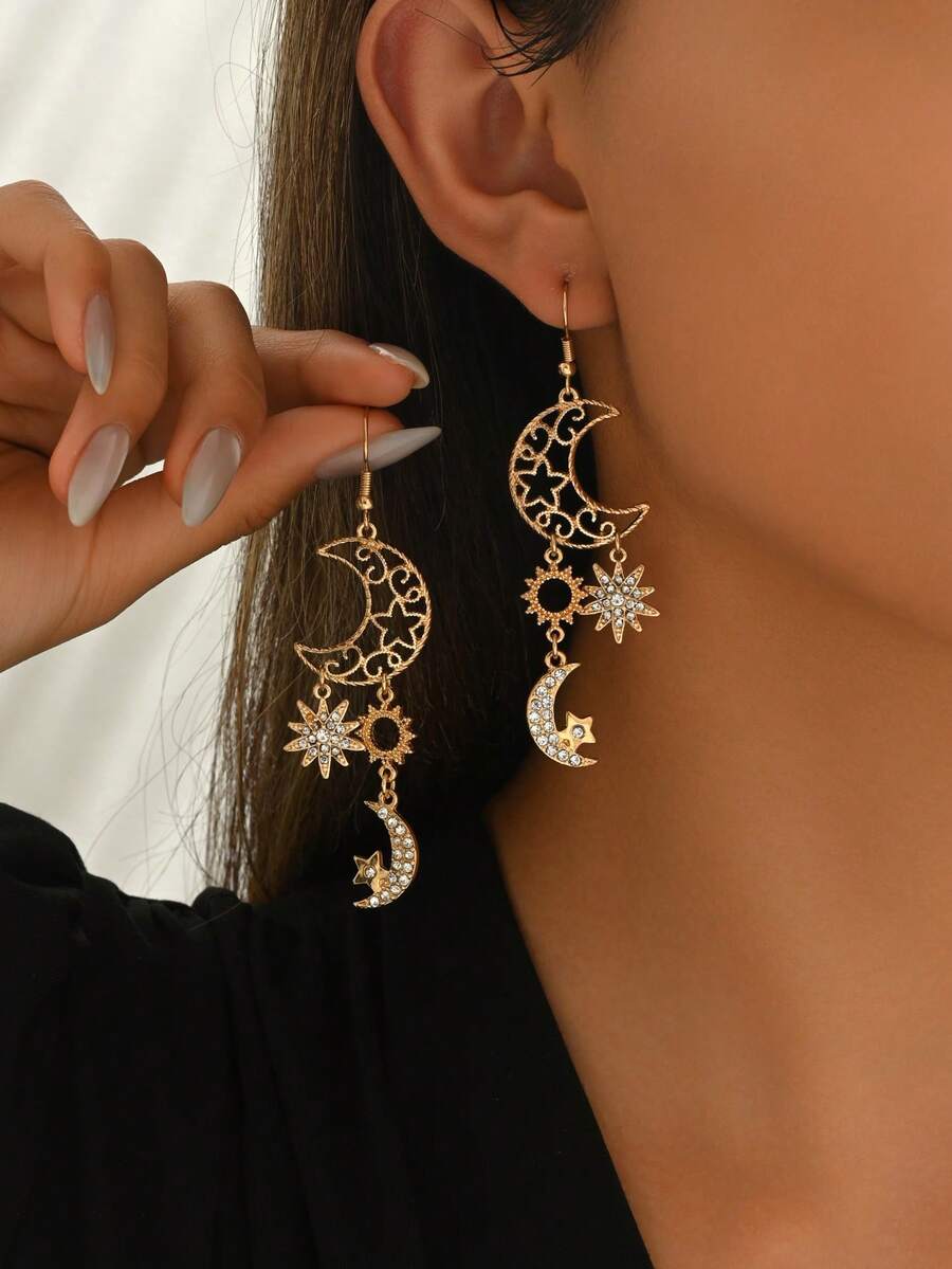 1 Paar elegante Cut Out Stern- & Mond-Quasten Strass-Ohrringe für Frauen, geeignet für Ramadan, Alltag, Silvesterparty, Valentinstag, Strand, Hochzeit, Brautjungfer - Golden 2 - Übersicht 1