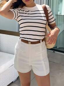 Camiseta de manga corta de punto a rayas casual para mujer - Blanco y Negro - Ver 5