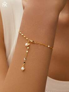 SYMFNY 1pc 925 Silver Bead Pendant Wavy Chain Bracelet - Yellow Gold - View 1