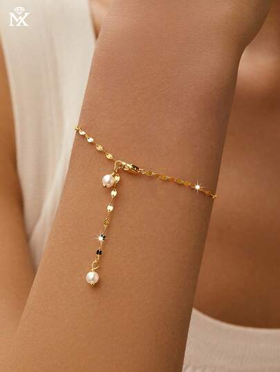 SYMFNY 1pc 925 Silver Bead Pendant Wavy Chain Bracelet