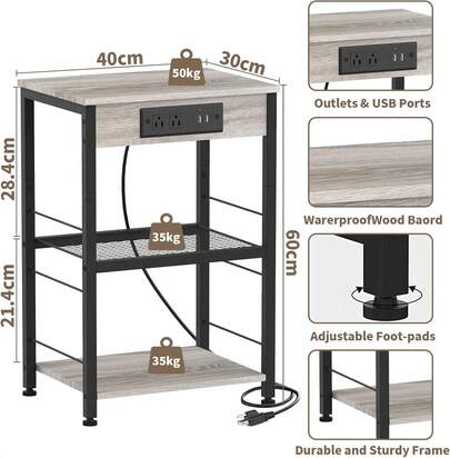 Buro para Recámara con Estación De Carga, Mesa de Noche para Recámara con 2 Enchufes y 2 Puertos USB, Mesita De Noche Retro, Muebles para Recamara, Mesa Auxiliar, Buro para Dormitorio y Sálon