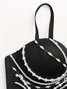 Débardeur à bretelles fines, Top élégant et noble à broderie lourde sans bretelles, sexy et court, bustier sexy pour les sorties des femmes en vacances, décontracté, noir, été - Noir - Voir 8