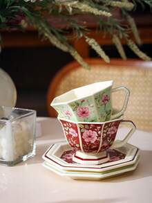 1pc 8-Sided Floral Ceramic Cup & Saucer Set, Vintage Red Floral Cup & Saucer, Minimalist Green Coffee/Milk Cup & Saucer, Saucer Can Hold Fruits, Pastries, Perfect For Gatherings, Afternoon Tea - Multicolor - View 4